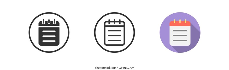 Paper notebook icon on purple background with shadow in circle. Line, black pictogram and colored style. Notepad, workbook symbol. Make a note sign. UI. Flat minimal design. Vector illustration. 