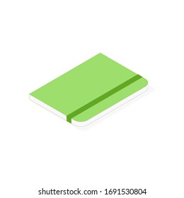 Paper notebook isometric icon, green copy book with elastic ribbon isolated on white background. Textbook or diary with hardcover for business or education vector illustration.
