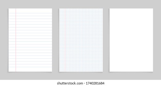 Paper notebook for note. White sheet with lines and grid for school. Blank pages isolated on gray background. Letter for office, college. Realistic template for message. Notepad for memo. Vector.