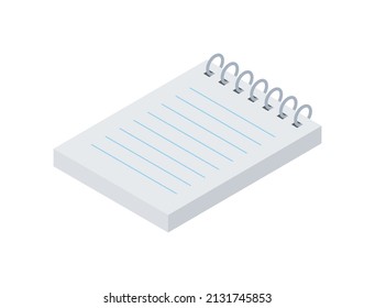 Paper notebook on spring with lines isometric vector illustration. Open business notebook for making notes writing text message and letter isolated. Office stationery supplies for quick tips