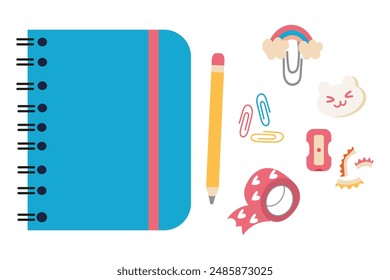 Paper notebook, sticky note and adhesive tape, paper clip and pencil set of stationery vector flat illustration isolated on a white background
