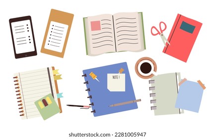 Paper notebooks, notepads, diaries, planners, organizers set vector