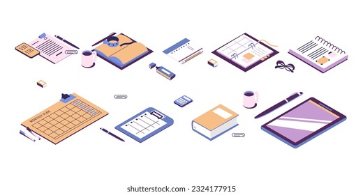 Paper notebooks, notepads, diaries set. Planners, organizers, to-do lists, calendars and scrapbooks for plans, memo notes, timetables, schedule. Flat vector illustrations isolated on white