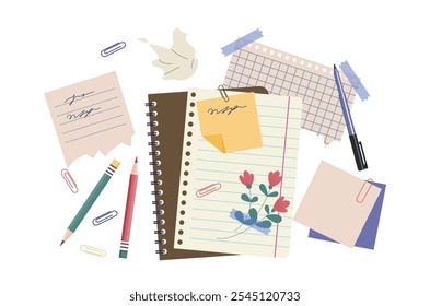 Conjunto de cuadernos de papel. Hojas de papel en blanco y bloc de notas con pluma y lápiz. Material escolar y de oficina. Planificación y fijación de objetivos. Colección plana del Vector aislada en el fondo blanco