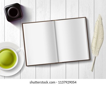Paper notepad and feather with an inkwell and green tea on a wooden table. Stock vector illustration.