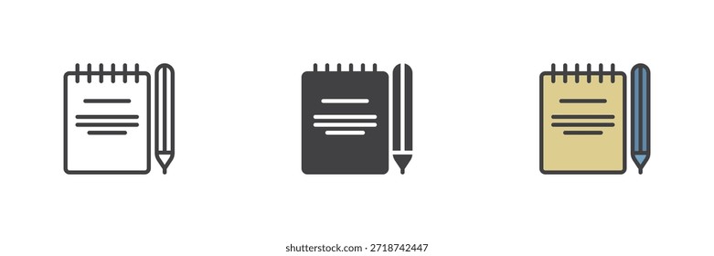Bloc de notas de papel con el icono de la educación del lápiz fijado en línea, estilo colorido del contorno sólido y lleno. Notas de planificación Vector signo y símbolo. Educación para tareas, Planes de estudio y recordatorios.