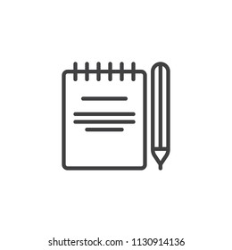 Paper notepad with pencil outline icon. linear style sign for mobile concept and web design. Notebook and pen simple line vector icon. Symbol, logo illustration. Pixel perfect vector graphics
