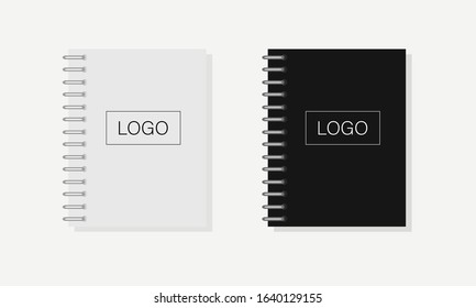 Paper notepad with white and black sheets. Office equipment. Realistic spiral notebook with shadow and space for logo. Empty open blank on background. Vector illustration