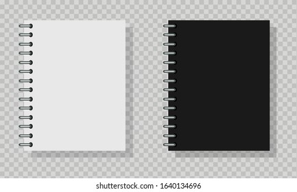 Paper notepad with white and black sheets. Office equipment. Realistic spiral notebook with shadow. Empty open blank on transparent background. Vector illustration
