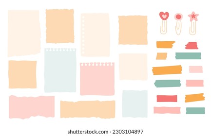 Paper for notes big collection. Adhesive tapes set, paper clip with star and heart. Blank notepad elements with ragged edges. Stationery background. Vector illustration.