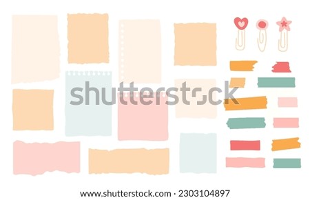 Paper for notes big collection. Adhesive tapes set, paper clip with star and heart. Blank notepad elements with ragged edges. Stationery background. Vector illustration.