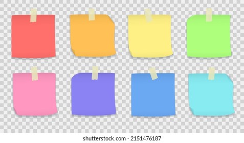 Paper notes, blank memo stickers with curled corners glued with scotch. Vector realistic mockup of empty rainbow colored square sheets with adhesive tape isolated on transparent background