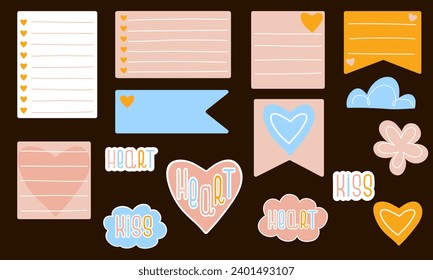 Paper notes, bookmarks with heart. Lettering, flower, cloud and heart stickers. Stickers with words Heart and Kiss. Set papers and stickers for Valentines Day