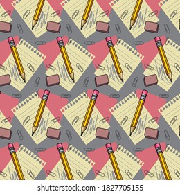 Paper for notes, paper clips and a pencil. Pattern.