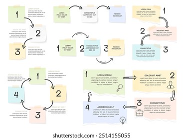 Paper notes connected with arrows, infographic templates with paper, vector eps10 illustration