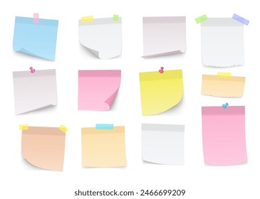 Paper notes with curved corners. Blank sticky sheets of paper, notepad, reminders, information board with messages.