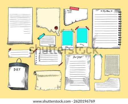 Paper notes for daily planner. Hand drawn bullet journal elements. Notebook sheets doodles. To do list, memo sheet stickers, blank vector set