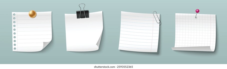 Paper notes with different fasteners. Lined sheet with metal clasp, blank page attached by binder clip, ruled memo held with paperclip, and graph grid fixed with pushpin for office organization.