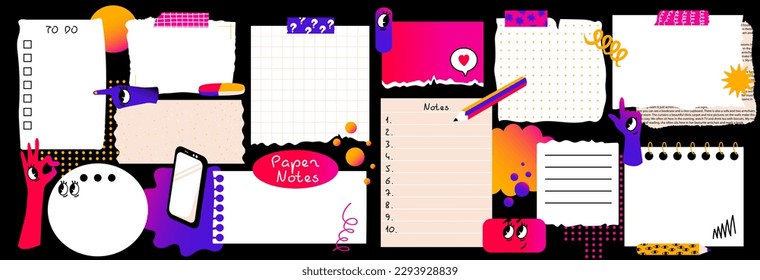 Paper notes with doodle elements. Set with blank Paper sticky notes for to do list, reminders, scheduler. Pencils, funny forms. Vector illustration. 