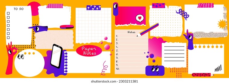 Paper notes with doodle elements. Set with blank Paper sticky notes for to do list, reminders, scheduler. Pencils, funny forms. Vector illustration. 