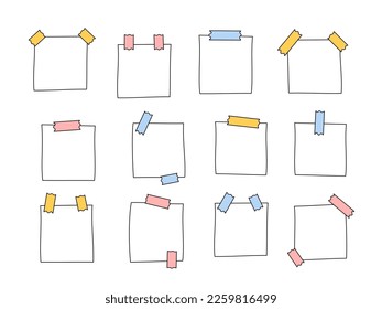 Paper notes doodles set. Vector illustration of cute hand drawn memo reminders. Blanks for to do list, planner, schedule. Square whitr papers with colorful sticky tapes.