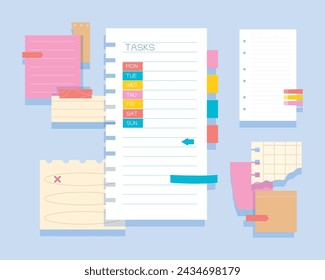 Paper notes flat cartoon composition