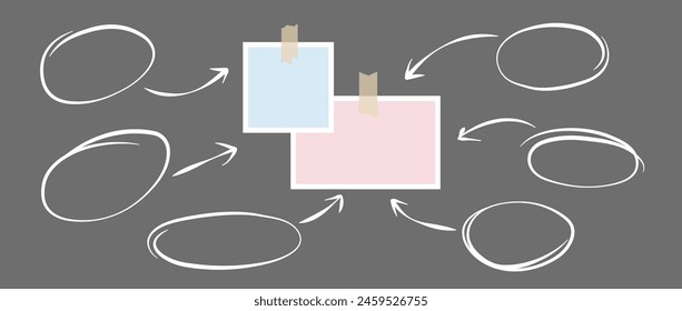 Paper notes glued on adhesive tape and hand drawn arrows and circles. Mood board, process flow and diagram chart template for mockup, poster design, banner, flyer, brochure. Vector illustration