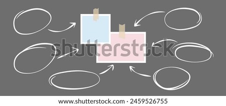 Paper notes glued on adhesive tape and hand drawn arrows and circles. Mood board, process flow and diagram chart template for mockup, poster design, banner, flyer, brochure. Vector illustration