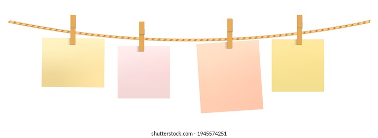 Paper notes hanging on a rope with clothespins. Realistic vector illustration isolated on white background.