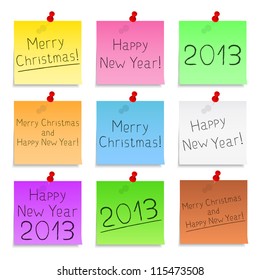 Paper notes with Happy New Year and Merry Christmas Text, vector eps10 illustration