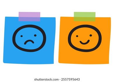 Paper notes with happy and unhappy faces. Flat design. Illustration on white background.