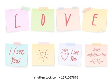 Notas de papel con palabras de amor y felicitación del día de San Valentín, ilustración de vector eps10