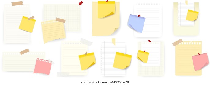 Paper notes, notepad pages, stickers. Sheets of note paper secured with clear tape and a paper clip. Vector EPS 10