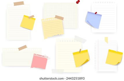 Paper notes, notepad pages, stickers. Sheets of note paper secured with clear tape and a paper clip. Vector EPS 10	