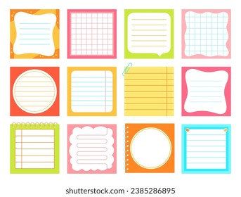 Paper notes, Notepaper Sticker Notepads set. Sticky notes or sheet list posts, copybook page lined or grid. Stationery elements planning education blank organizer. Isolated cartoon vector illustration