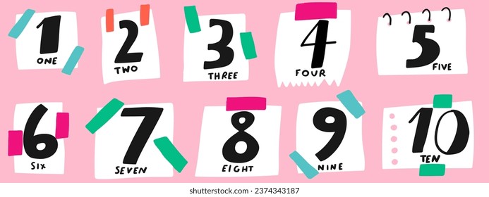 Paper notes. Numbers 1 - 10 on pink background. Vector design illustration. Best for celebration concept.