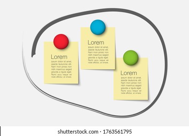 Paper notes on 3 stickers, notepads and memo messages. Vector sticky notepaper  for infographic, business presentation, web, internet, brochure, wallpaper.