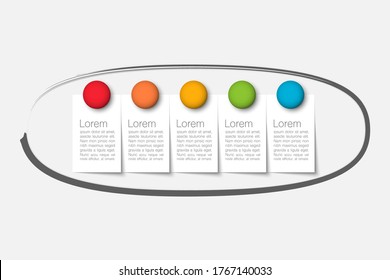Paper notes on 5 stickers, notepads and memo messages. Vector sticky notepaper  for infographic, business presentation, web, internet, brochure, wallpaper.