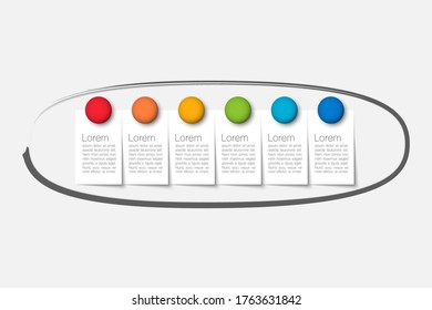 Notas de papel sobre 6 stickers, notas y mensajes memo. Papel adhesivo de vectores para infografía, presentación de negocios, web, internet, folleto, fondo de pantalla.