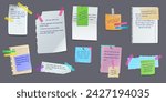 Paper notes on bulletin board realistic vector illustration set. Torn sheets and memo messages 3d models on grey background. Office notices