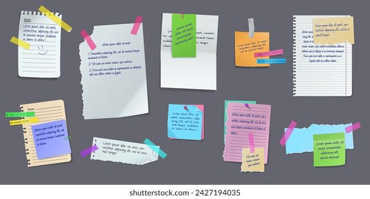 Paper notes on bulletin board realistic vector illustration set. Torn sheets and memo messages 3d models on grey background. Office notices