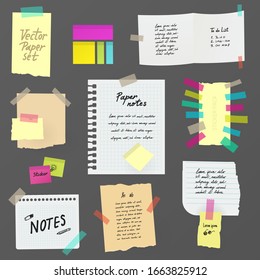 Paper notes on stickers, board, notifications on the fridge, paper notes and stickers, handwritten todo list. Vector blank sticky notepaper posts of meeting reminder, to do list or information board