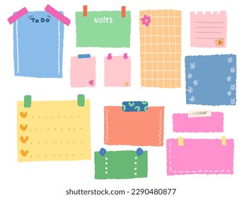 Paper notes on stickers. Information board with blank Paper sticky notes for reminders, to do list, planner, schedule. Hand drawn Vector illustration. Cartoon style. 