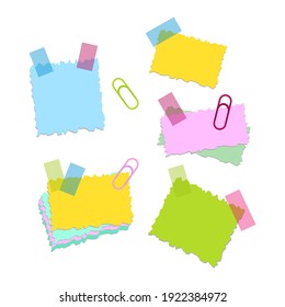 Paper notes on stickers, notebooks and scraps, torn paper sheets. Sticky posts for meeting reminders, office notifications, to-do list and more. Vector illustration.