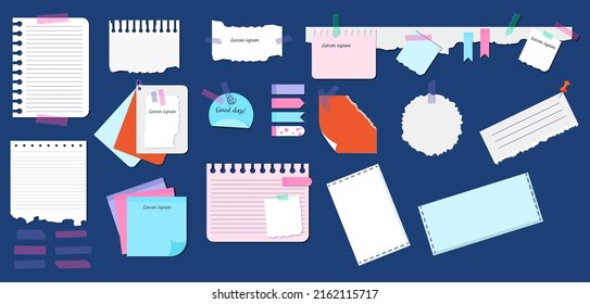 Paper notes on stickers, notebooks, sheets, pages with reminders, memorable messages. Sheets of paper with a meeting reminder, to-do list, notifications. A board with a meeting notification. Vector