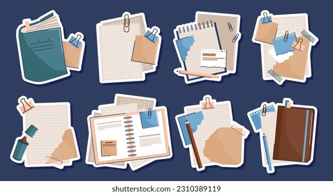 Paper notes on stickers, notebooks, sheets, pages with reminders, memorable messages. Sheets of paper with a meeting reminder, to-do list, notifications. Vector stickers with outline