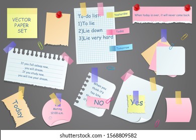 Paper notes on stickers, notepads and memo messages torn paper sheets. Sticky notepaper posts of meeting reminder, to do list and office notice or information board. Vector illustration