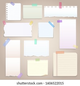 Paper notes on stickers, notepads and memo messages torn paper sheets. Vector blank sticky notepaper posts of meeting reminder, to do list and office notice or information board with appointment notes