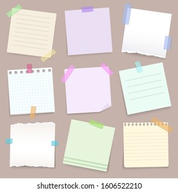 Paper notes on stickers, notepads and memo messages torn paper sheets. Vector blank sticky notepaper posts of meeting reminder, to do list and office notice or information board with appointment notes