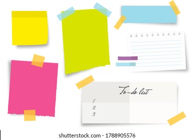 Paper notes on stickers, notepads and memo messages torn paper sheets. Blank sticky notepaper posts of meeting reminder, to do list and office notice or information board with appointment notes